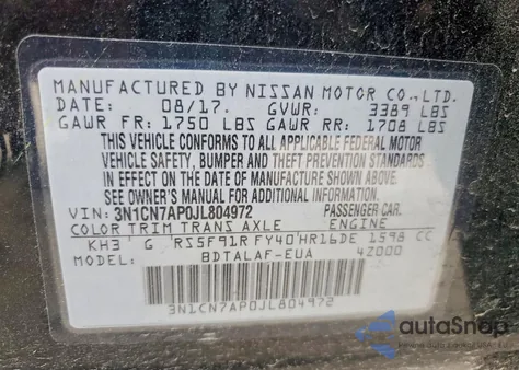 2018 Nissan Versa S z USA, uszkodzony, nr VIN 3N1CN7AP0JL804972